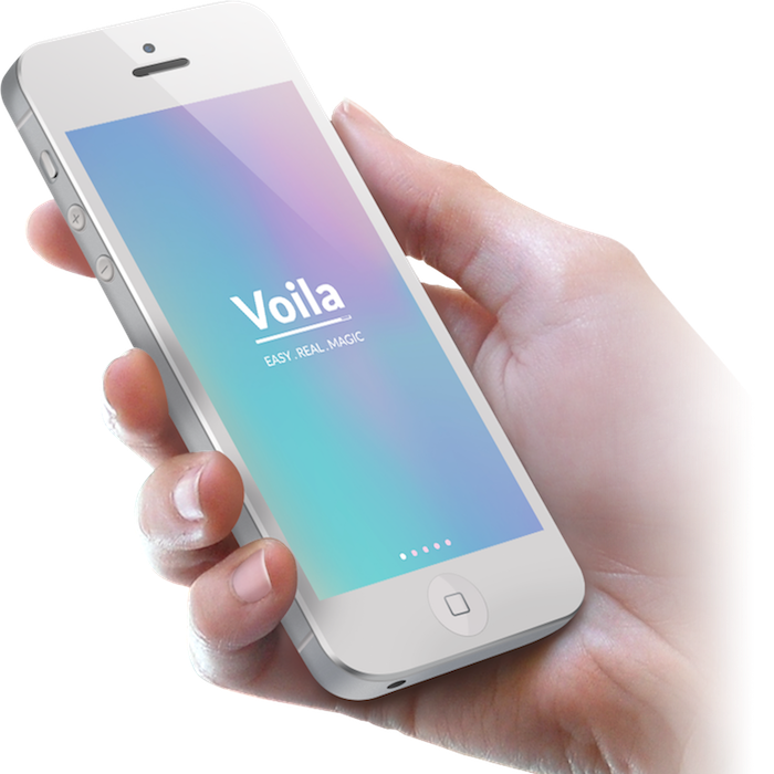 Hand holding an iPhone running the Voila magic app